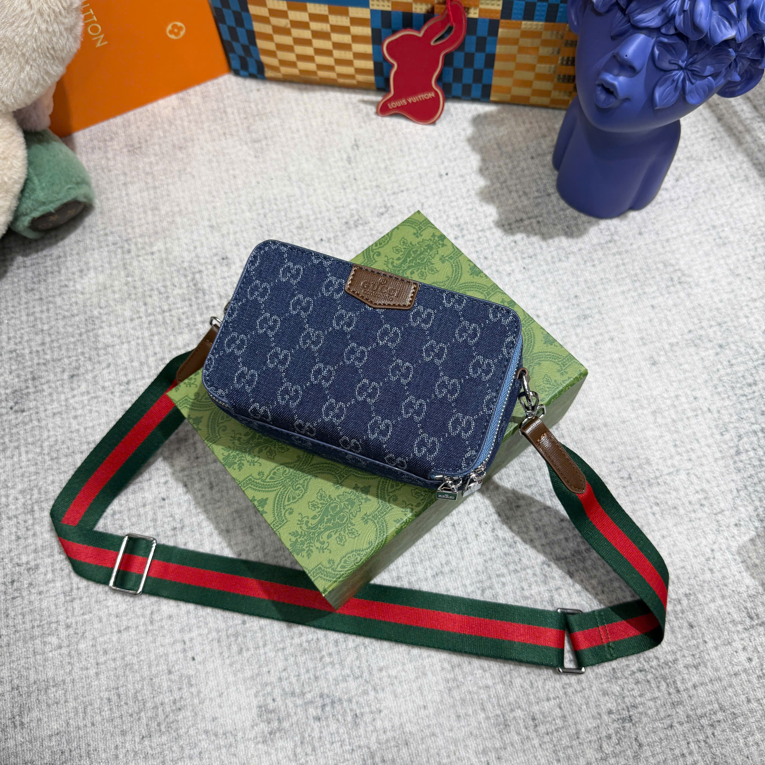 Túi hộp đeo chéo Gucci GC Xanh jean họa tiết monogram logo GG size 18cm Like Auth on web fullbox bill thẻ PLD